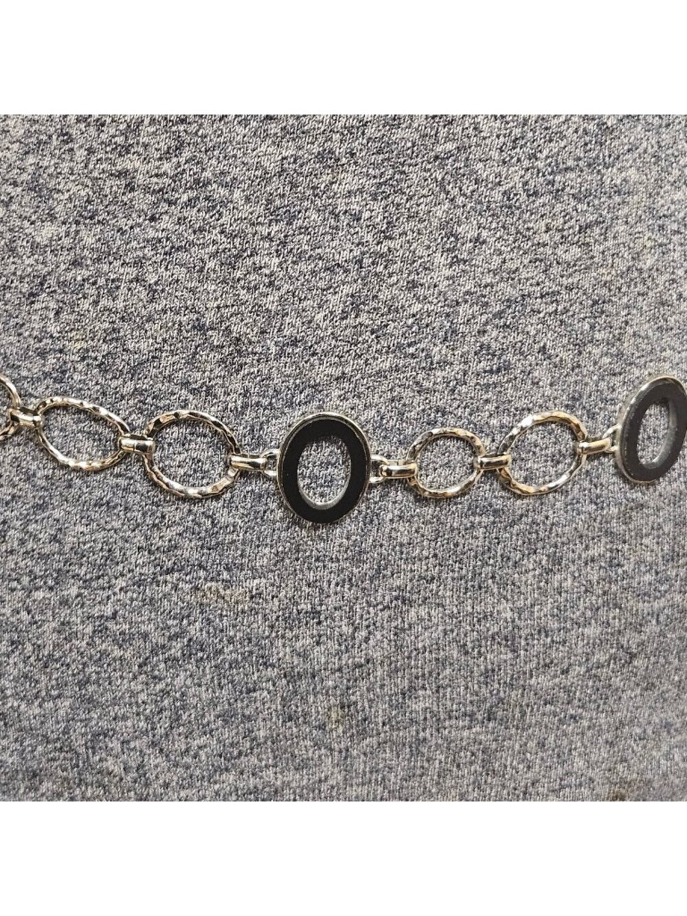 Silver Tone Waist Belt Womens Chain Black Oval Links Adjustable Modern Chic